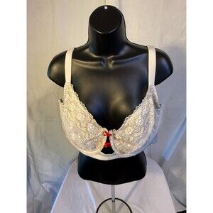 Cacique Women's Plus  Bra 46DDD 46F Ivory Sparkle Lace Underwire Bow Coquette